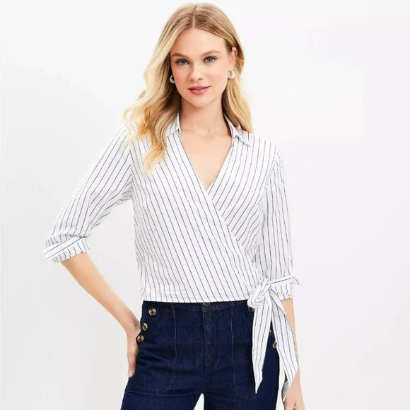 Ann Taylor Loft Striped Cotton Blend Side Wrap Blouse | NWT | XS | White Black - Picture 1 of 7